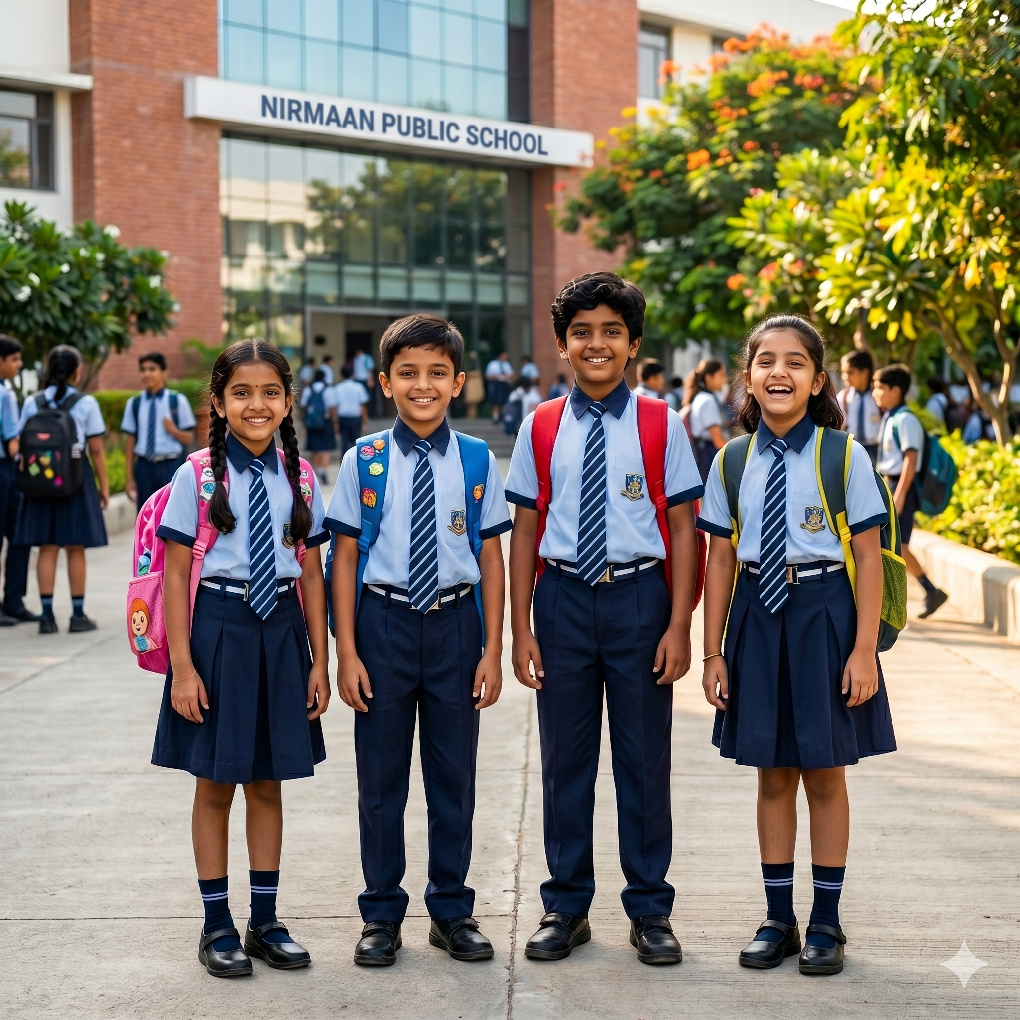 Nirmaan Public School students in uniform smiling confidently